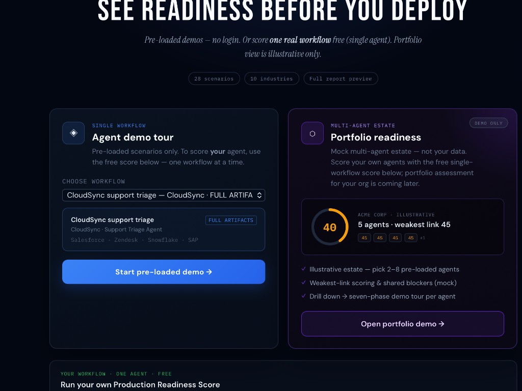 Demo chooser with 28 prefilled agent workflows and multi-agent estate dashboard